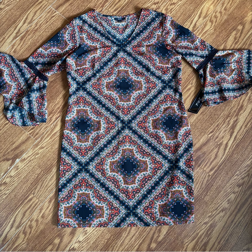 MSK Bohemian Patterned Bell Sleeve Hippie Dress NWT Size L